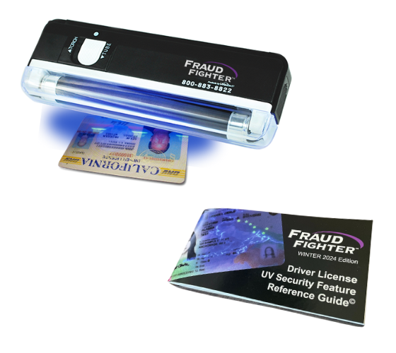 HH-4 unit shining UV light onto license and the DL UV Security Feature Guide