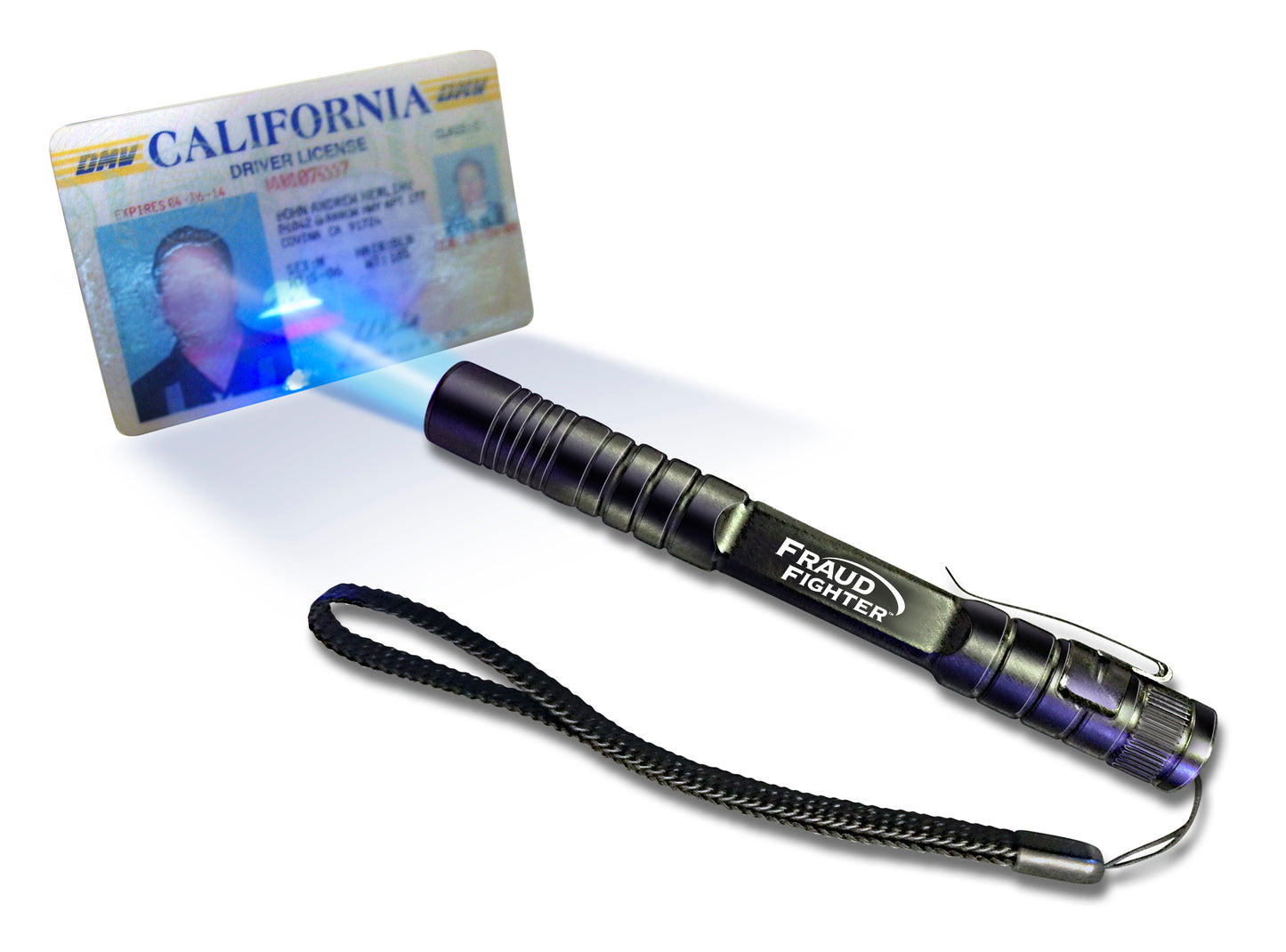 UV Penlight shines UV light on Driver's License to reveal hidden UV Security Features